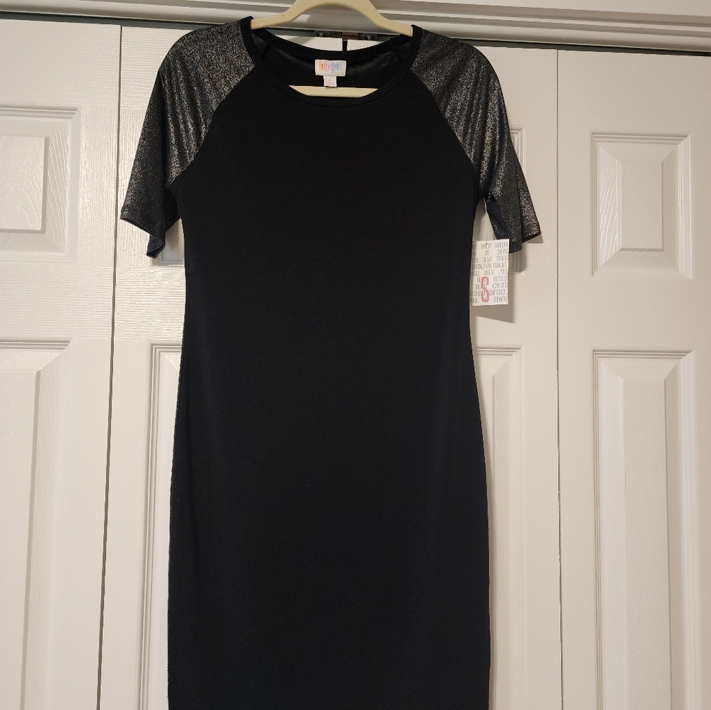 LulaRoe black dress with silver sleeves. Size small, new with tags.